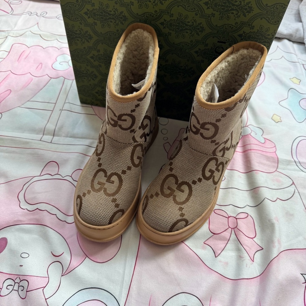 Gucci Tan GG Logo Wool-Effect Ankle Boots